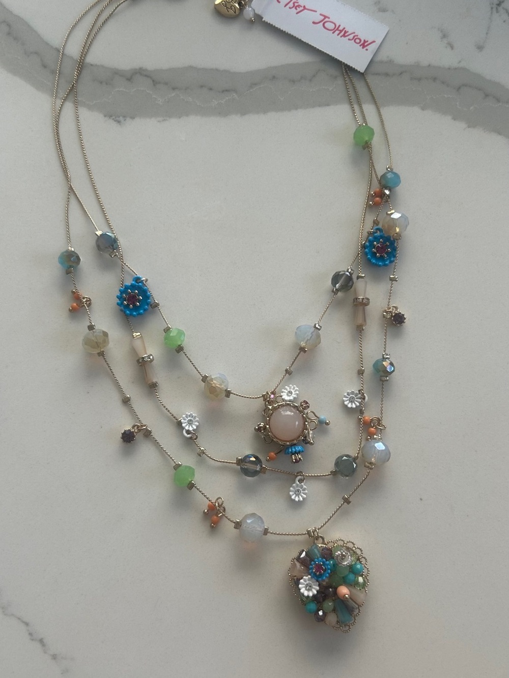 Betsey Johnson Heart Layer Beaded Pendant Necklace - Pastel Blue Green Coral New